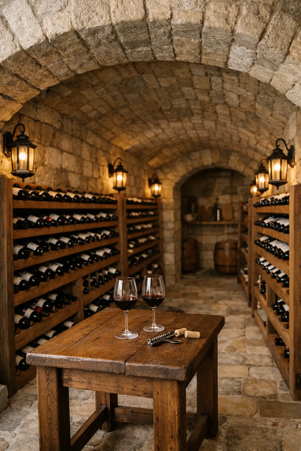 Stone wine cellar with arched ceiling and wooden wine racks.