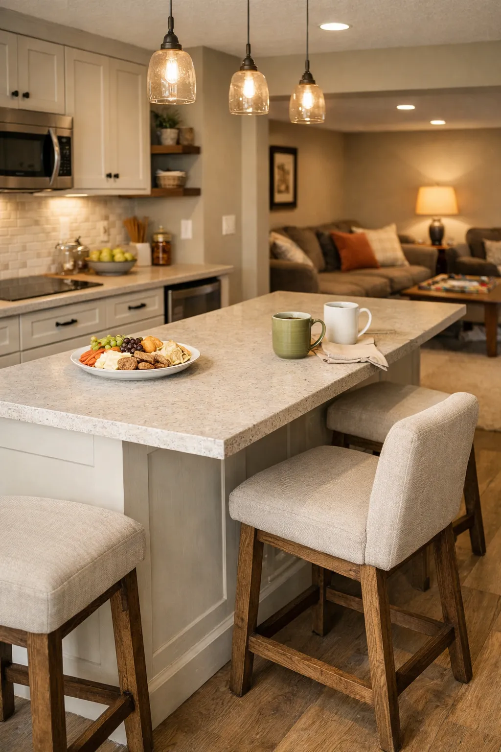 A basement kitchenette with peninsula seating and stools for casual meals and entertaining.