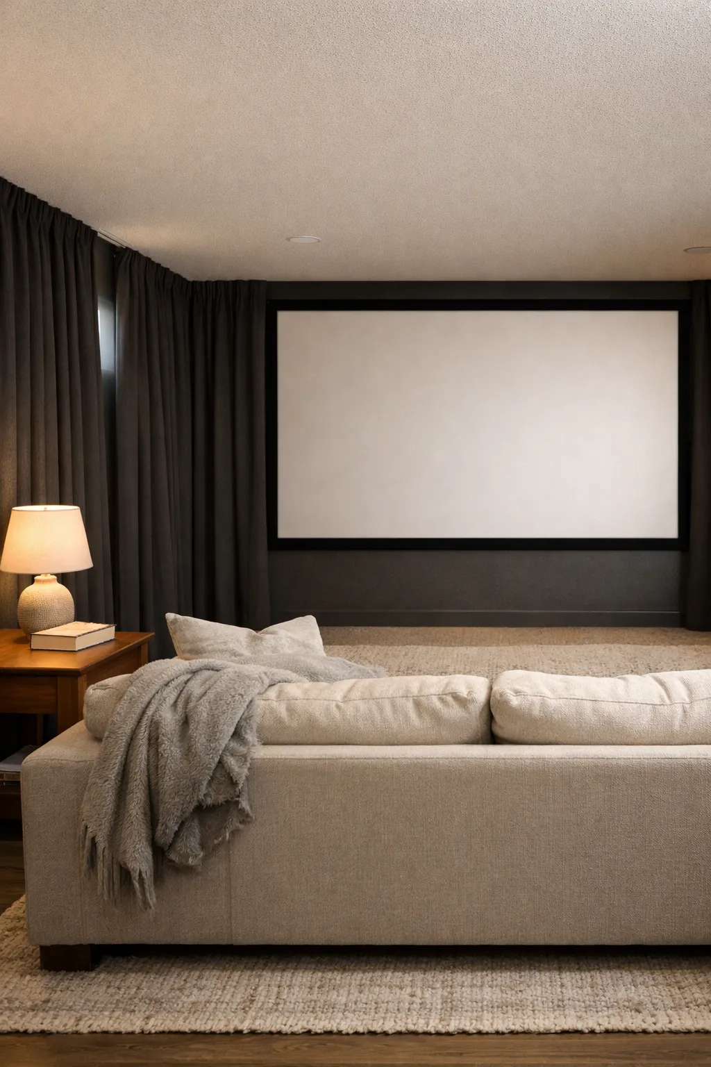 A basement theater with blackout curtains, soft seating, and a clean media wall.
