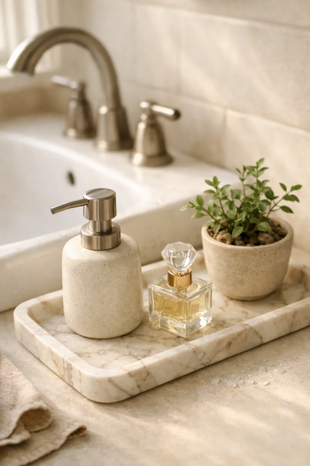 Bathroom vanity countertop with a decorative tray holding soap and small accessories.