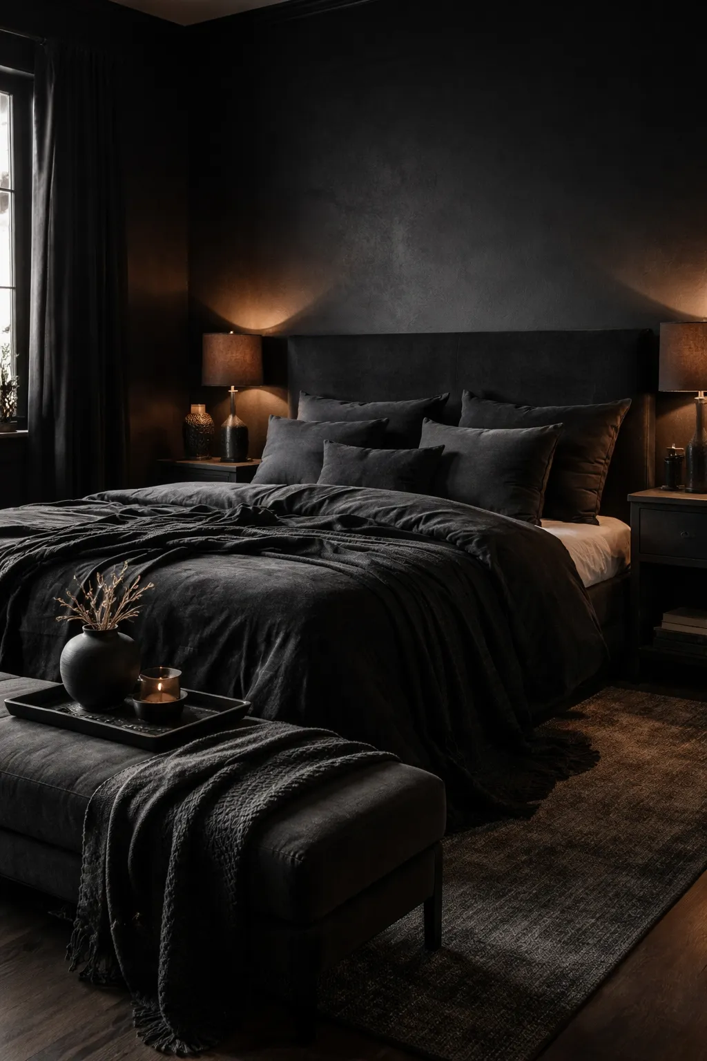 A black-on-black bedroom with mixed textures, soft lighting, and rich layered styling.