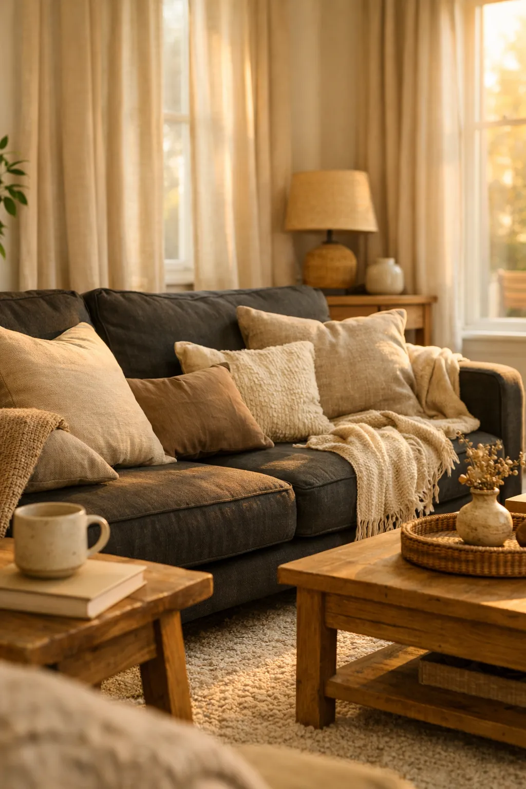 A black sofa styled with beige pillows, cozy textiles, soft curtains, and a warm casual living room palette.