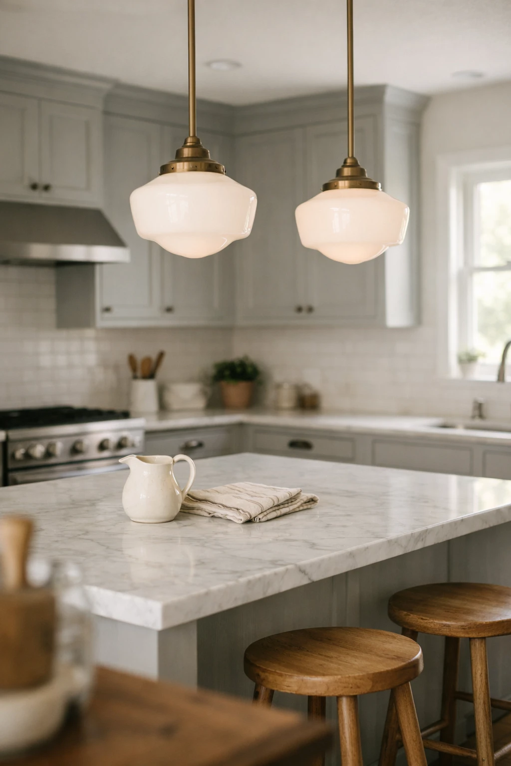 Milk glass schoolhouse pendant lights above a traditional kitchen island