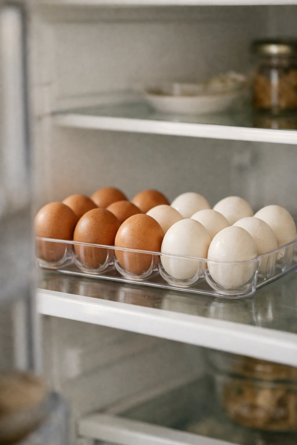 Transparent egg holder neatly placed on refrigerator shelf