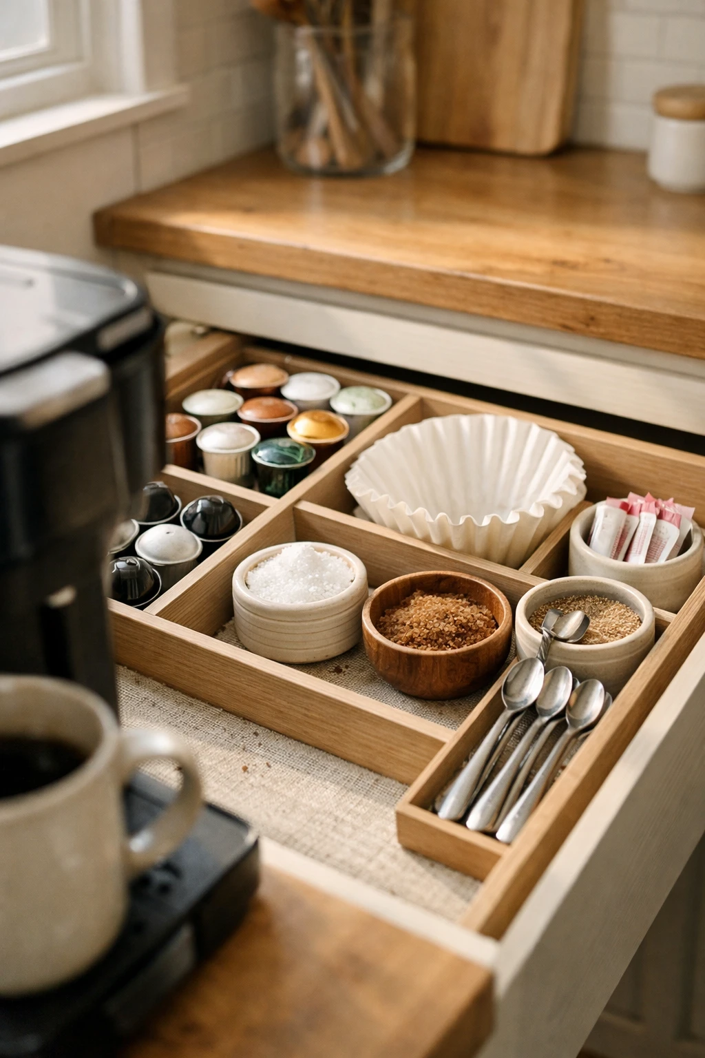 Kitchen drawer storing coffee pods, filters, and small coffee accessories.