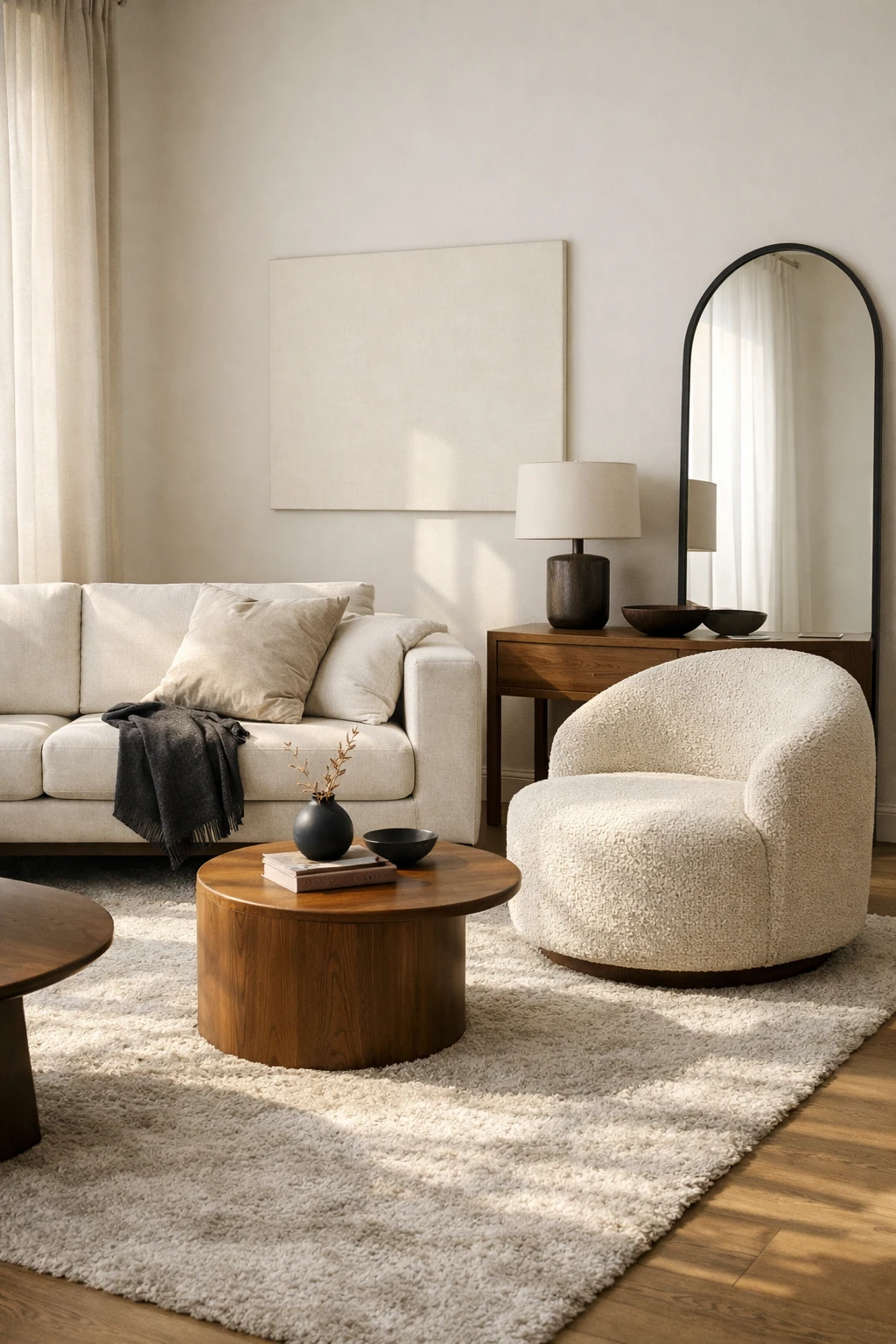 A luxury living room mixing a curved chair and rounded table with a clean-lined sofa.