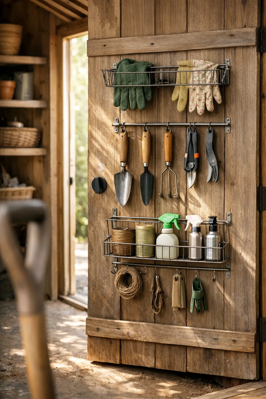 Storage hooks and small bins mounted on inside of shed door.