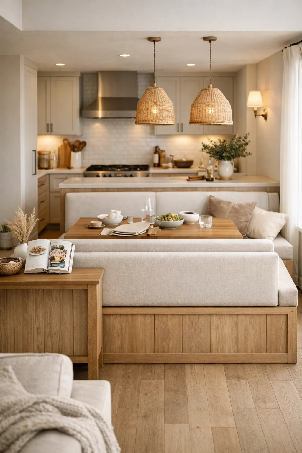 A double-sided banquette dividing an open-concept kitchen and dining area with clean tailored styling.