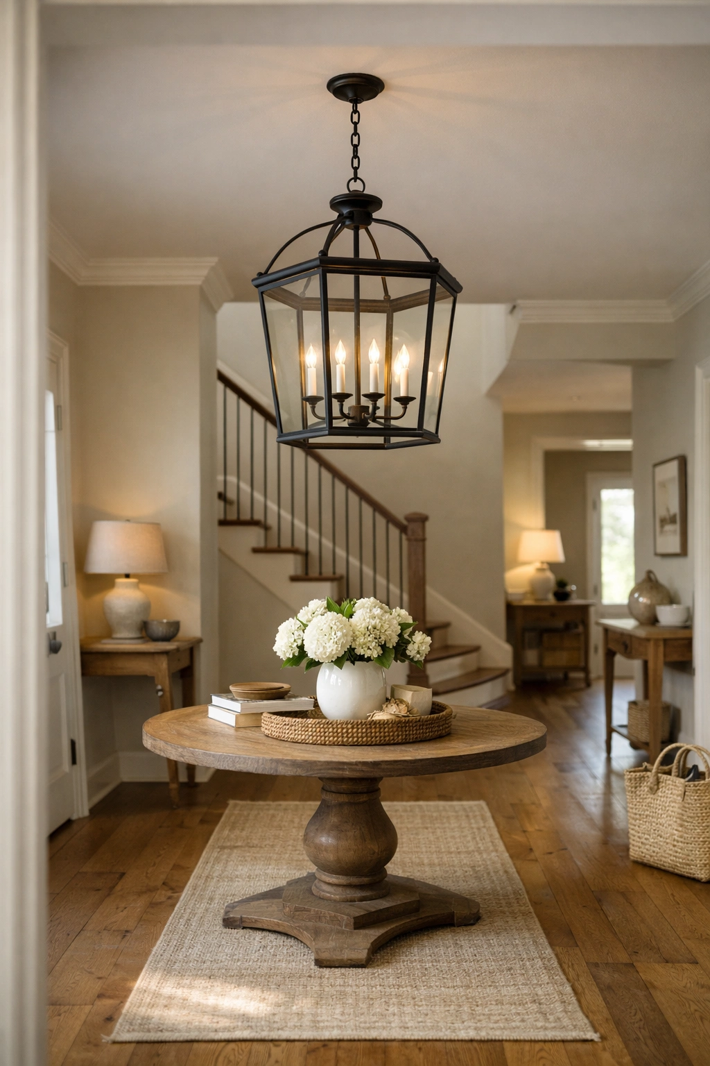 A home foyer with a statement ceiling light and softly styled entrance decor.