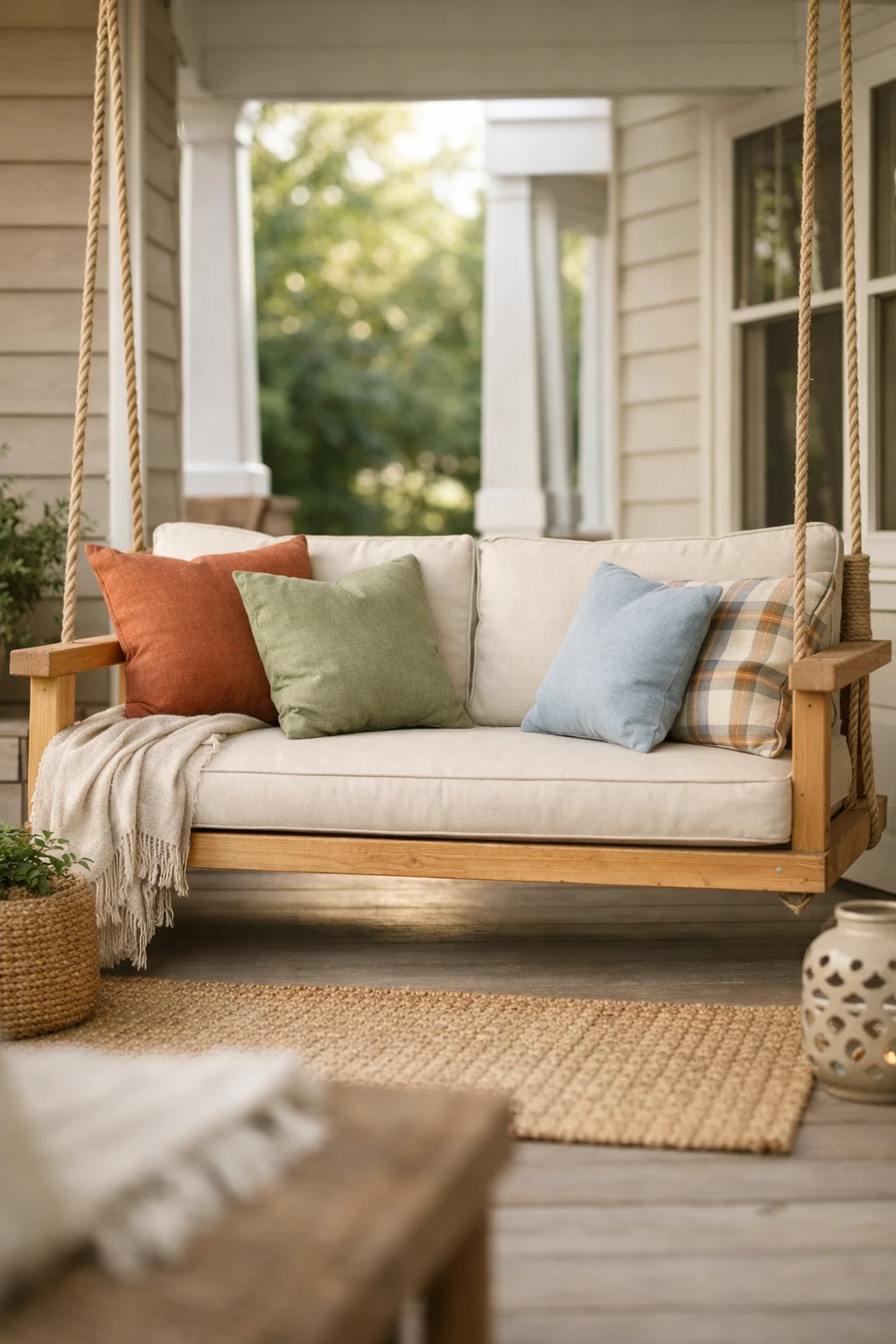 A neutral porch swing styled with seasonal pillows in soft earthy colors for a fresh update.