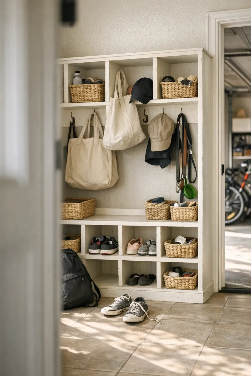 Open cubbies in a garage entry area holding bags, shoes, and everyday essentials.