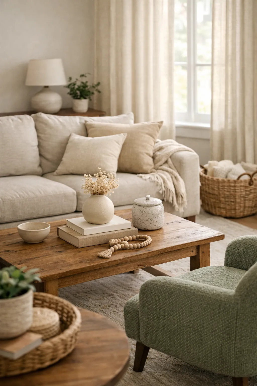 Living room with two muted green accent chairs beside a neutral sofa.