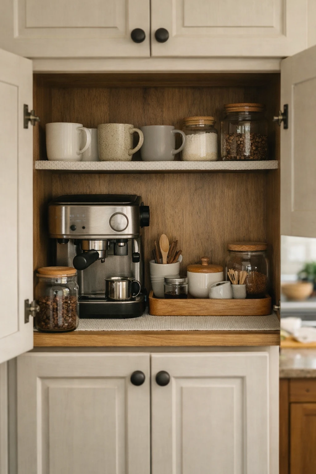A hidden cabinet coffee bar inside a pantry or cupboard with organized shelves and coffee essentials.