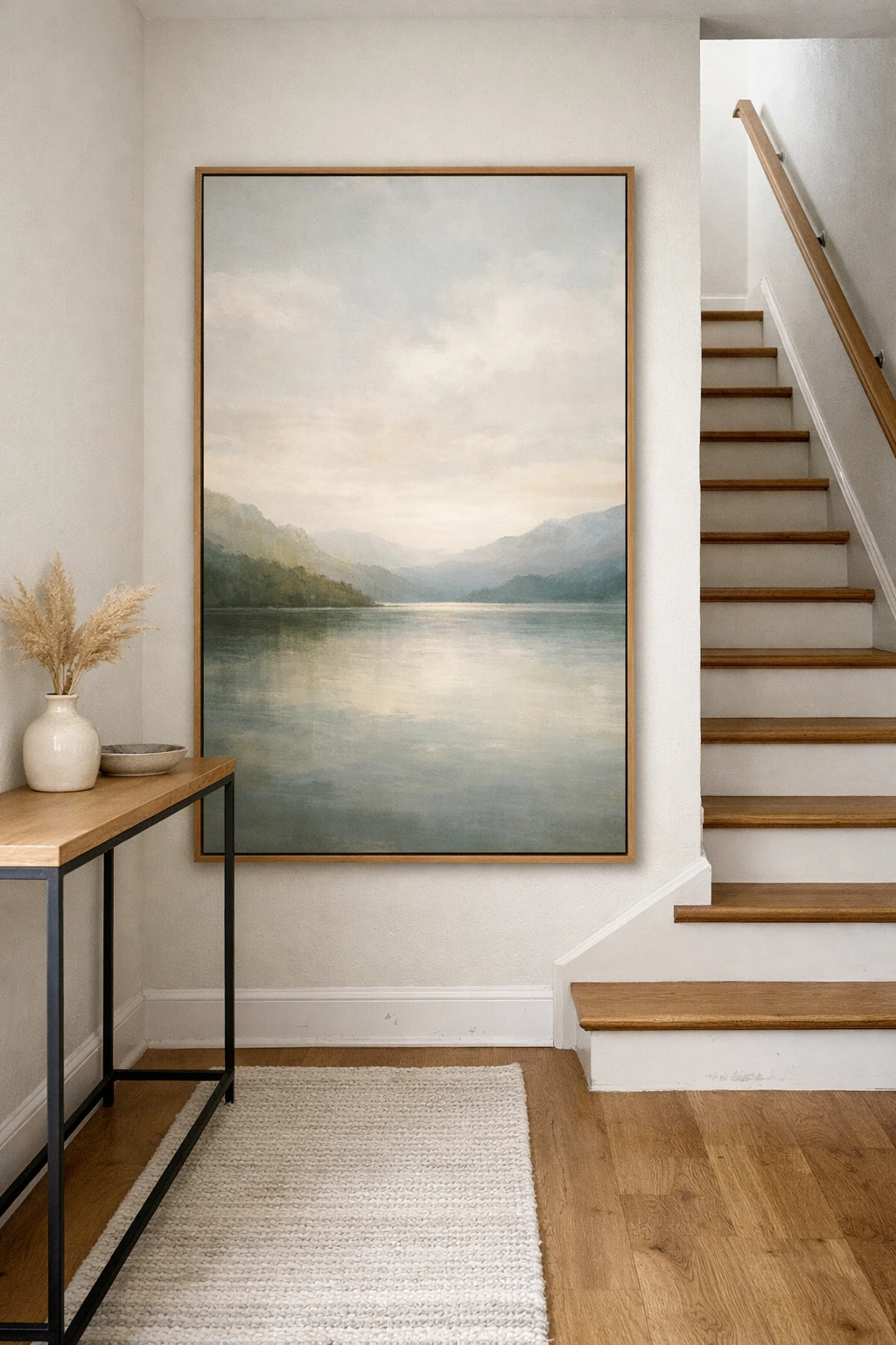 A narrow entry with stairs featuring one large art piece on the wall.