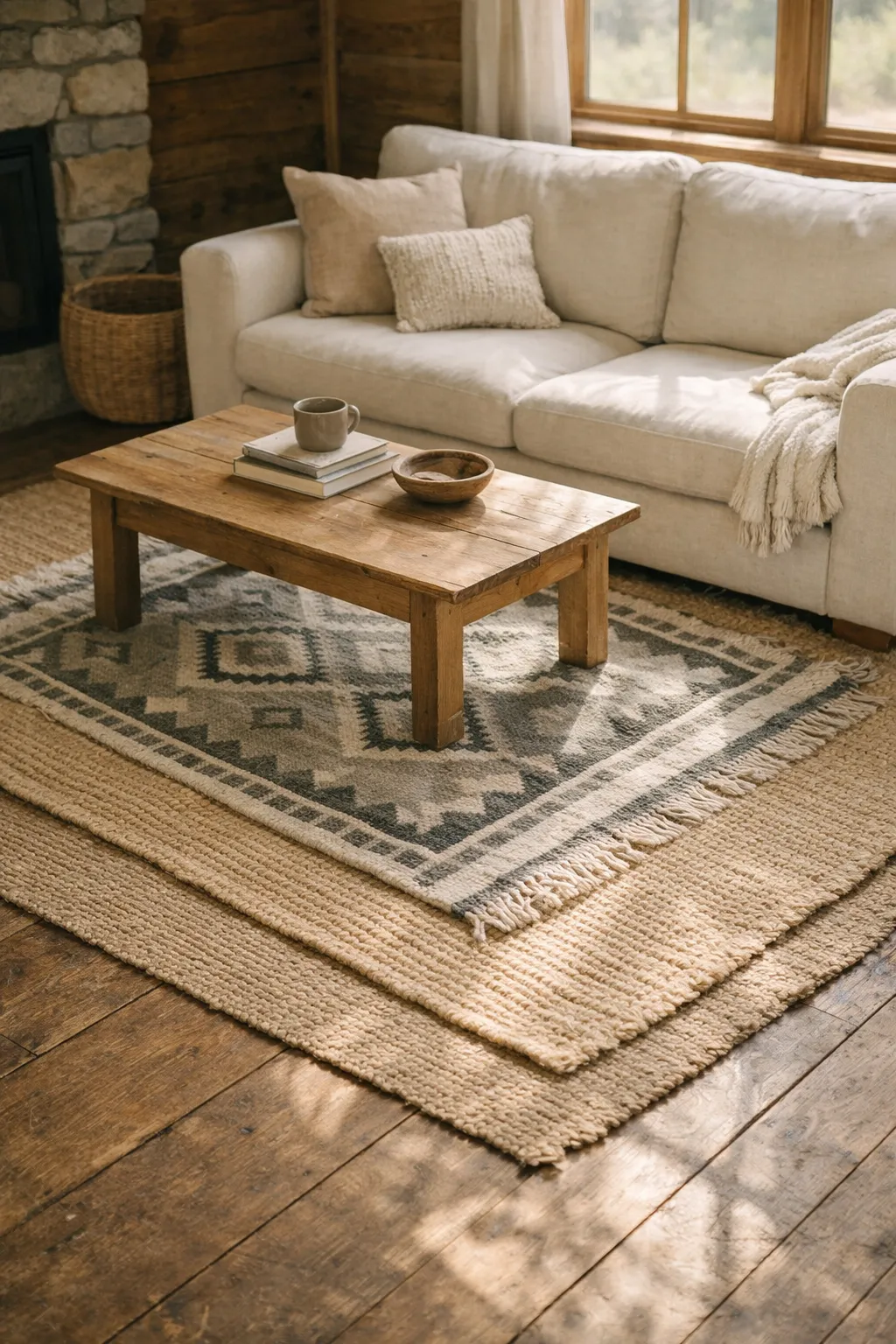 Small cabin living room with layered jute and wool rugs