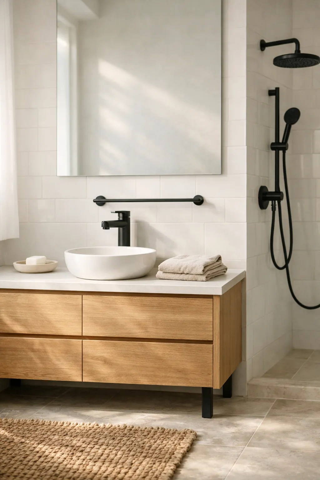 A bathroom with matte black faucets and hardware.