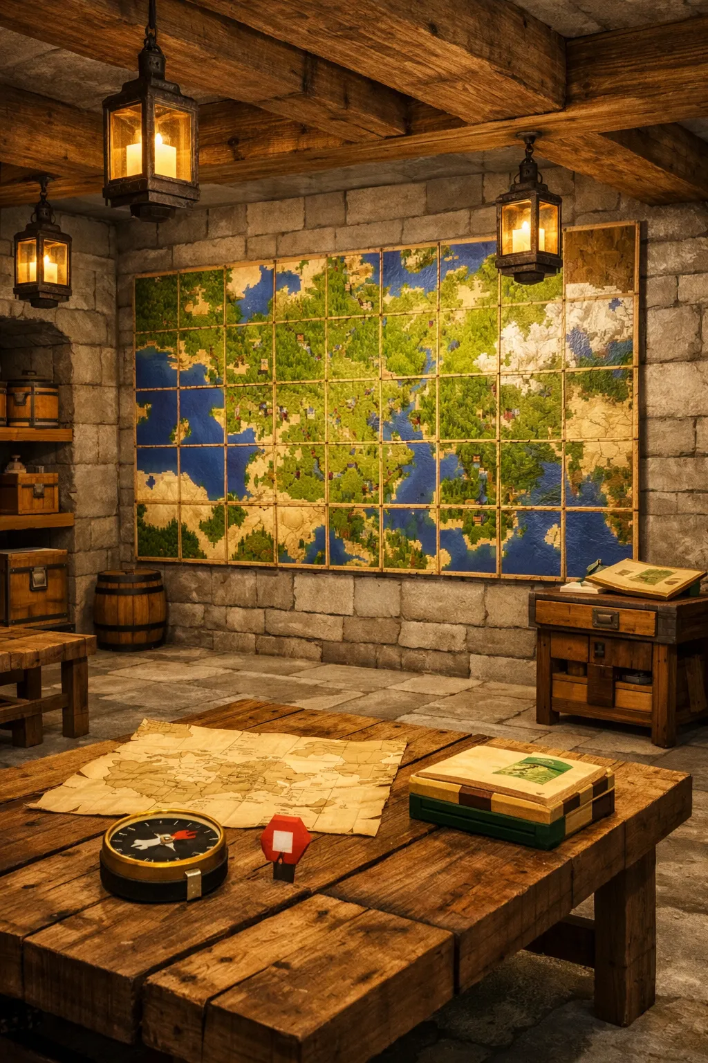 Minecraft basement map room with wall maps and lantern lighting
