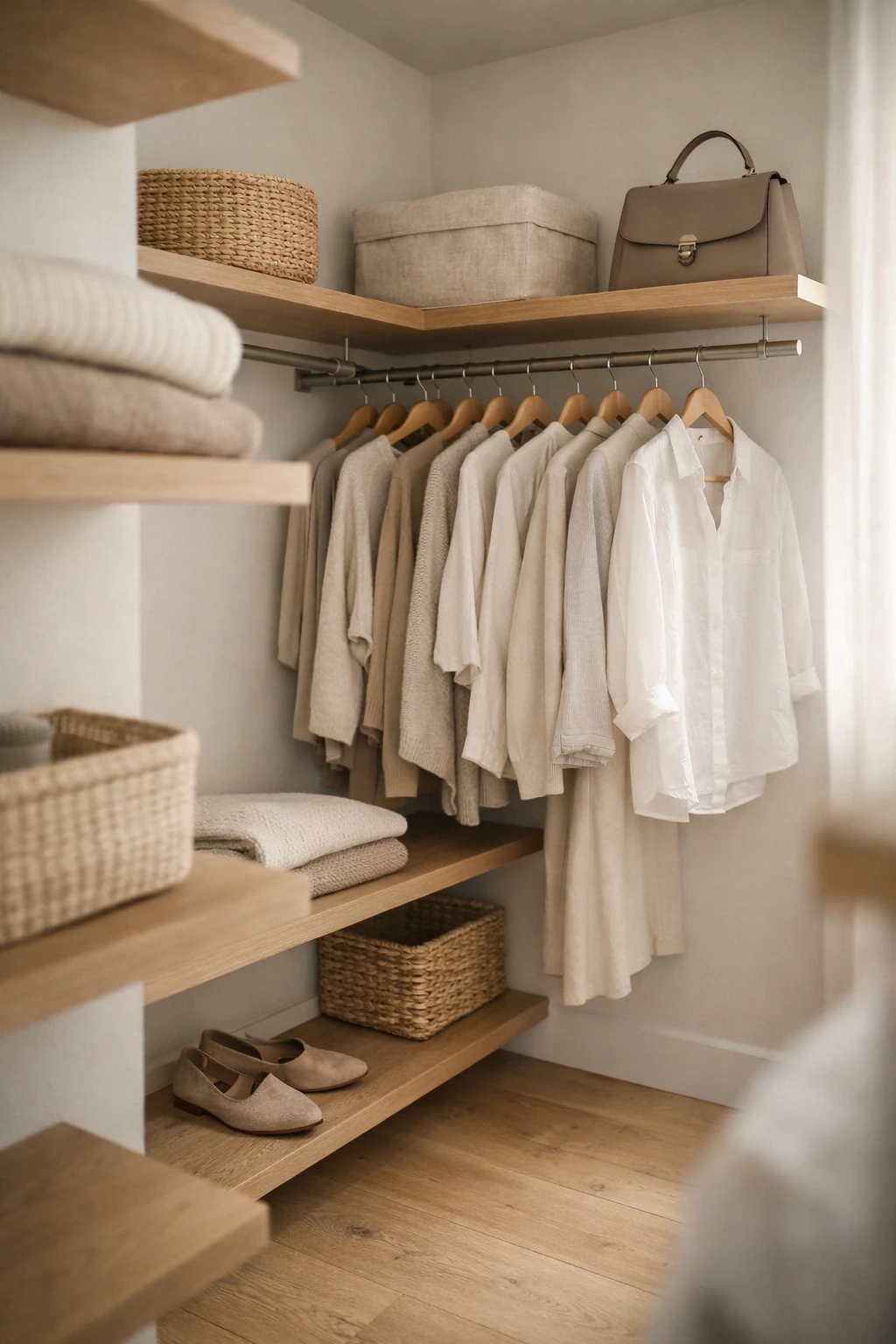 A minimalist small corner closet with open rails, floating shelves, and neutral clothing.
