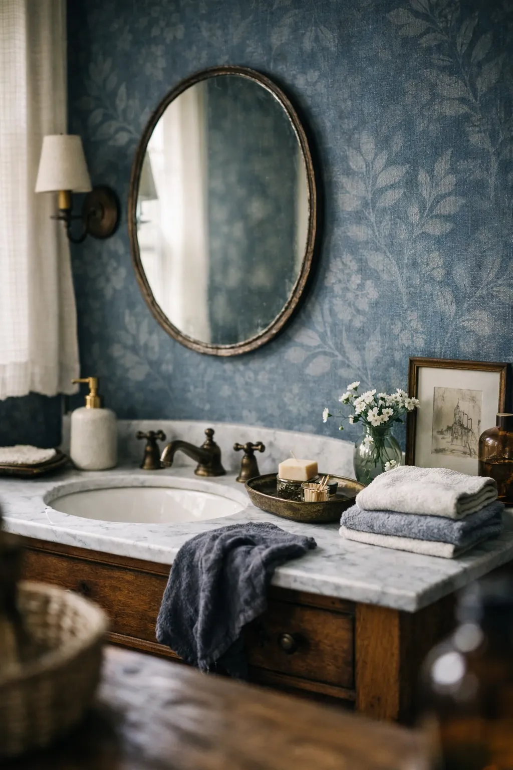 A moody blue bathroom with patterned wallpaper, soft lighting, and elegant layered decor.