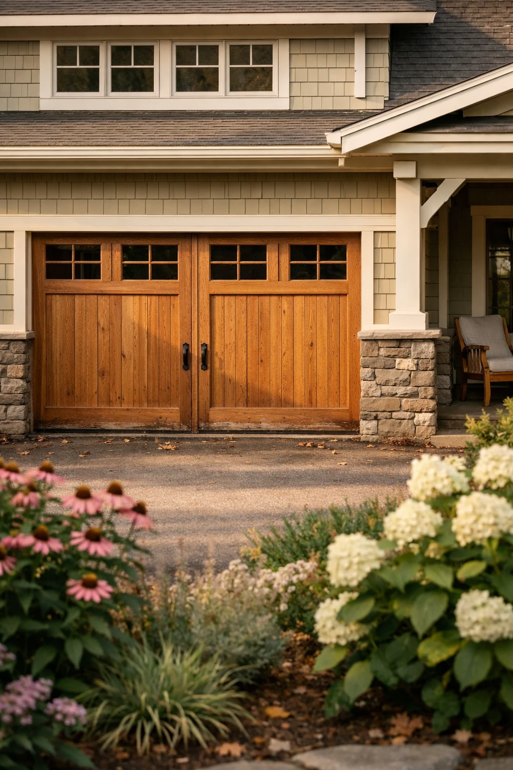 A Craftsman home with natural cedar garage doors, stone details, and warm trim.