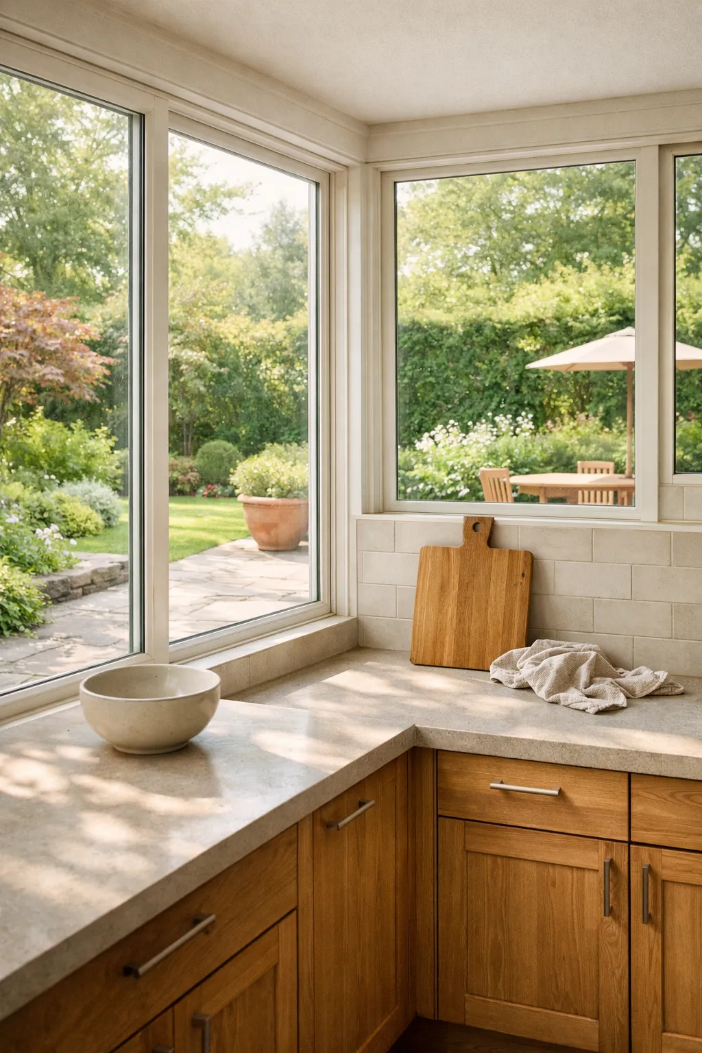 A bright kitchen with large windows framing a garden view, natural materials, and an airy relaxed interior.