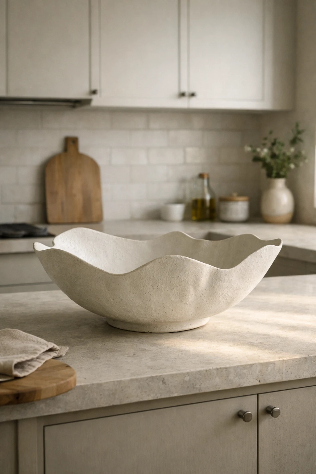 A large sculptural bowl styled alone on a clean kitchen counter with minimal decor.