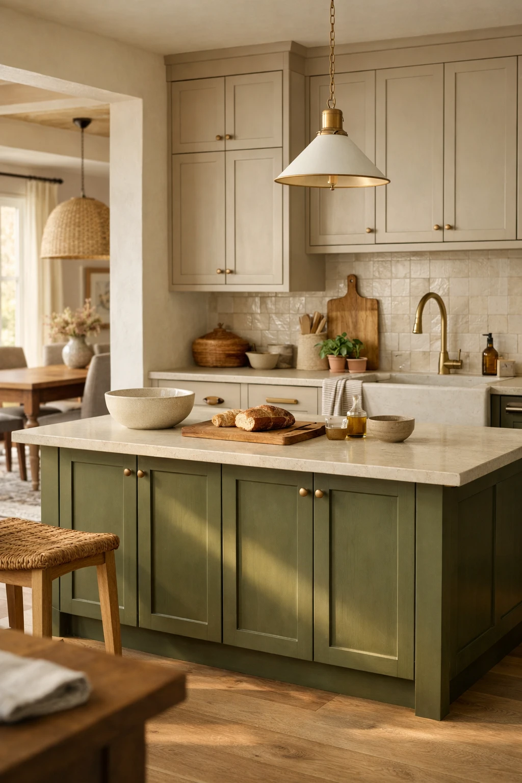 A warm modern kitchen with putty beige cabinets, an olive green island, and earthy natural finishes.