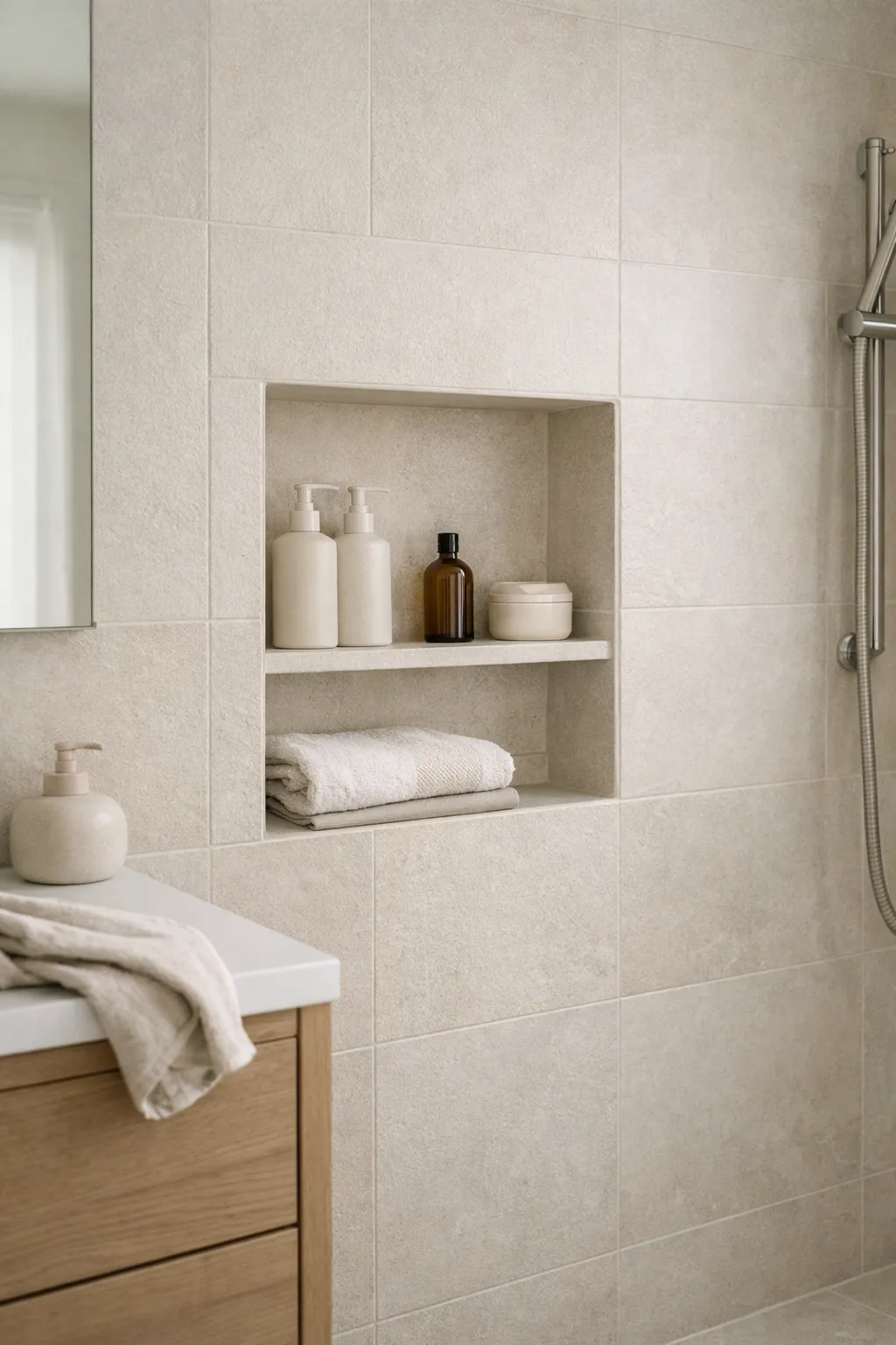 A modern bathroom with recessed storage and a clean uncluttered look.