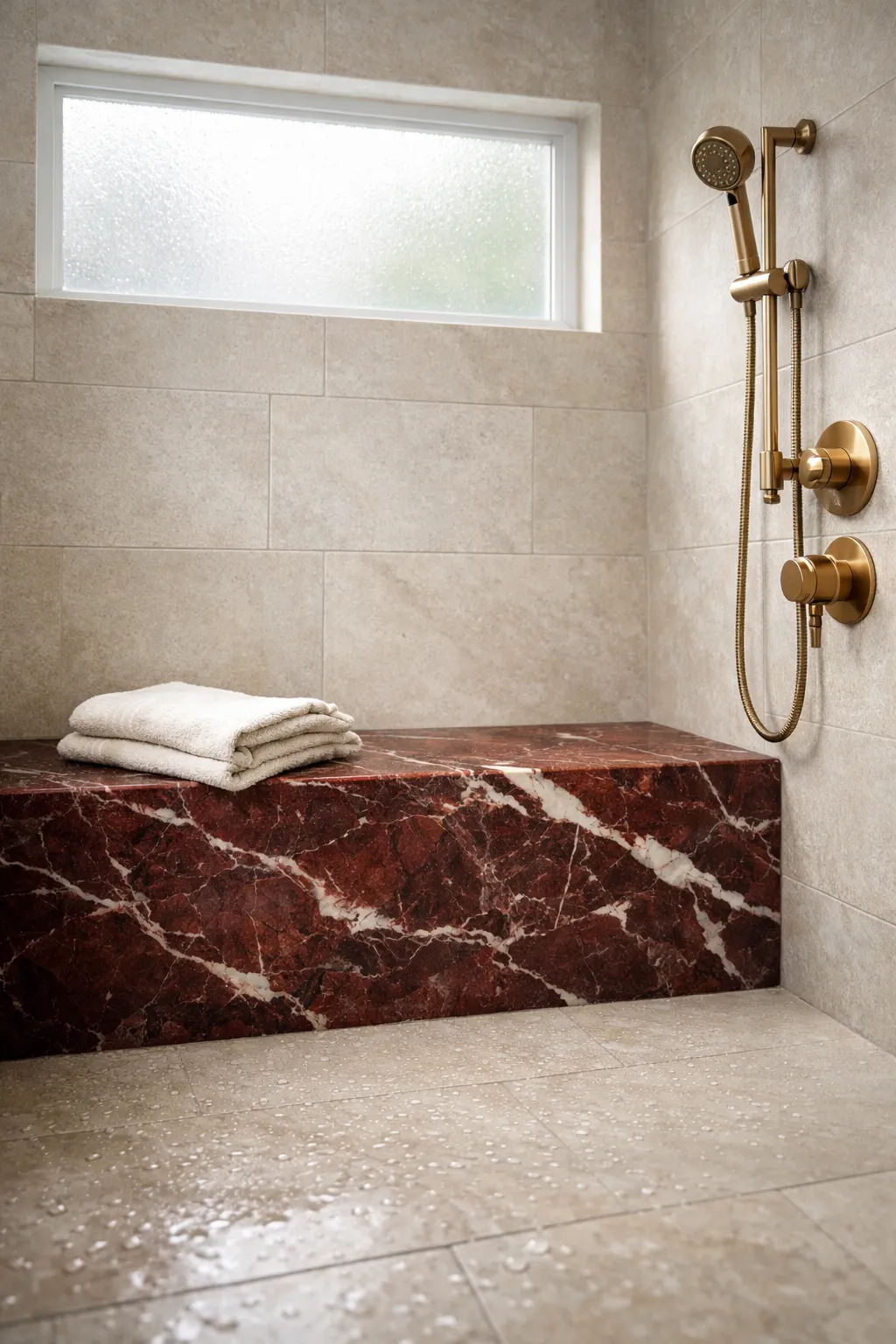 Walk-in shower featuring a built-in red marble bench surrounded by neutral stone tiles.