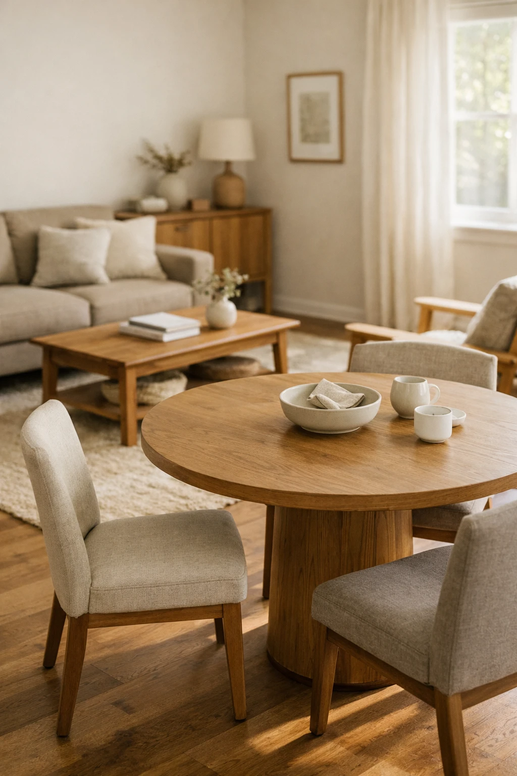 A small living-dining combo featuring a round dining table that improves movement and softens the layout.