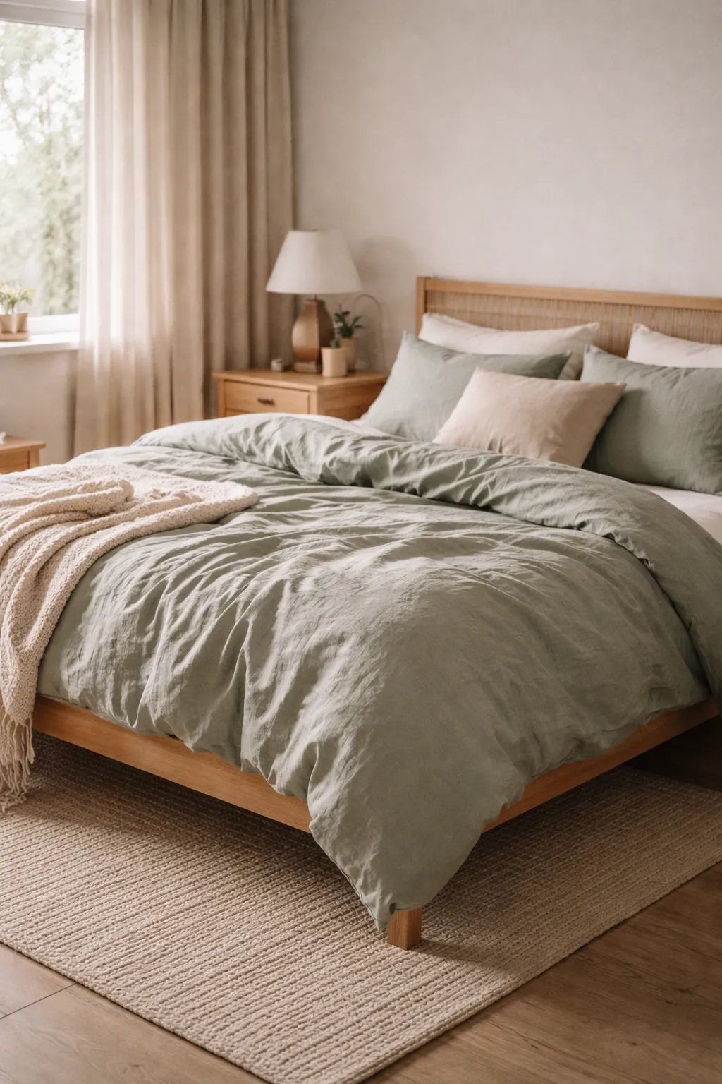A relaxed bedroom with sage green linen bedding, neutral curtains, and soft daylight.