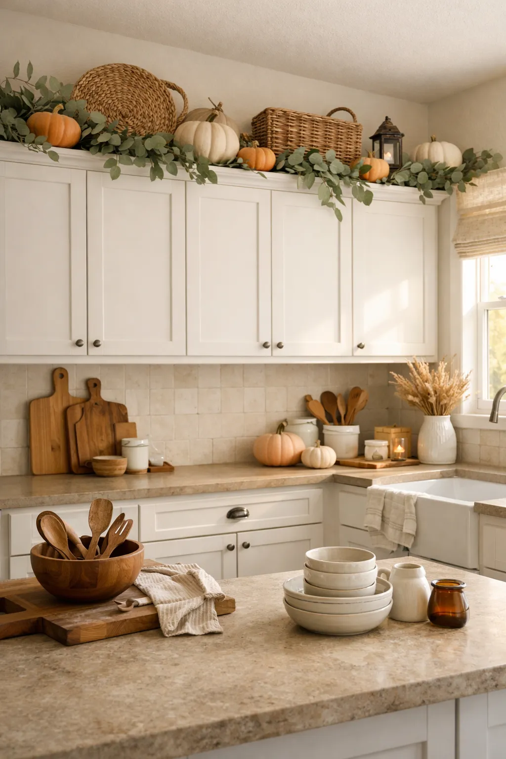 Seasonal decor styled above kitchen cabinets with greenery and natural textures.