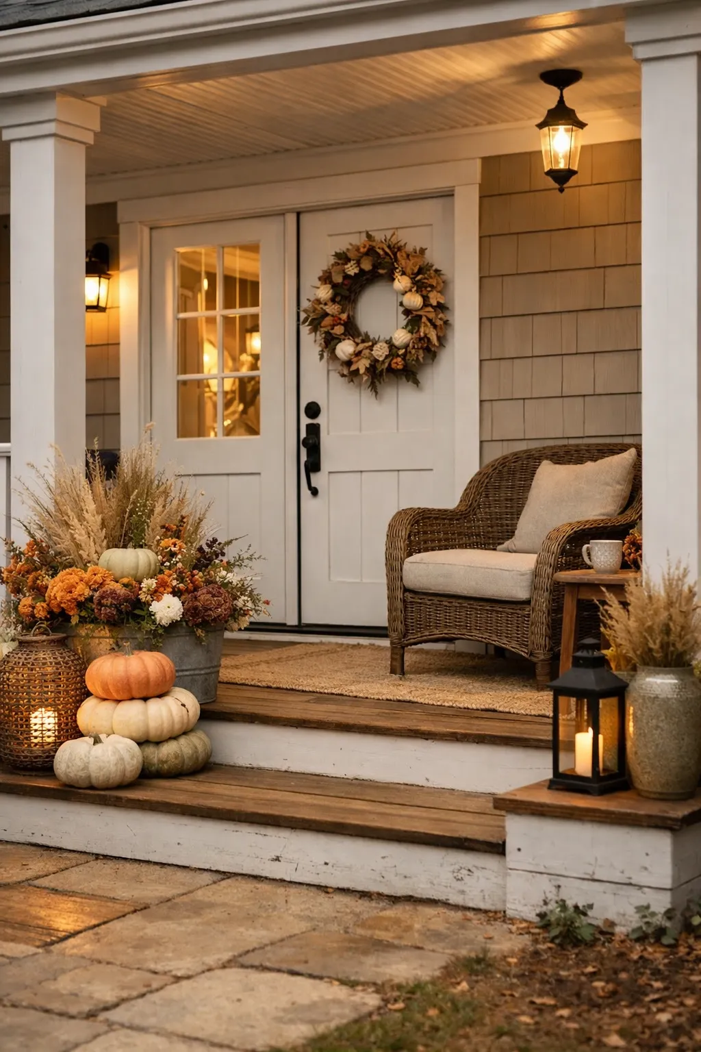 A double wide front porch with simple seasonal decor, layered planters, and a clean uncluttered entry.