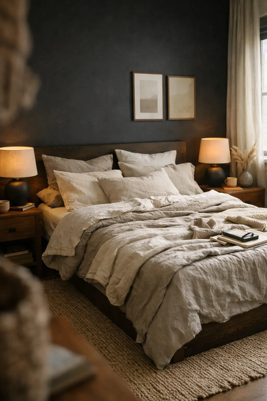 A moody bedroom with soft black walls, natural linen bedding, warm wood, and cozy lighting.
