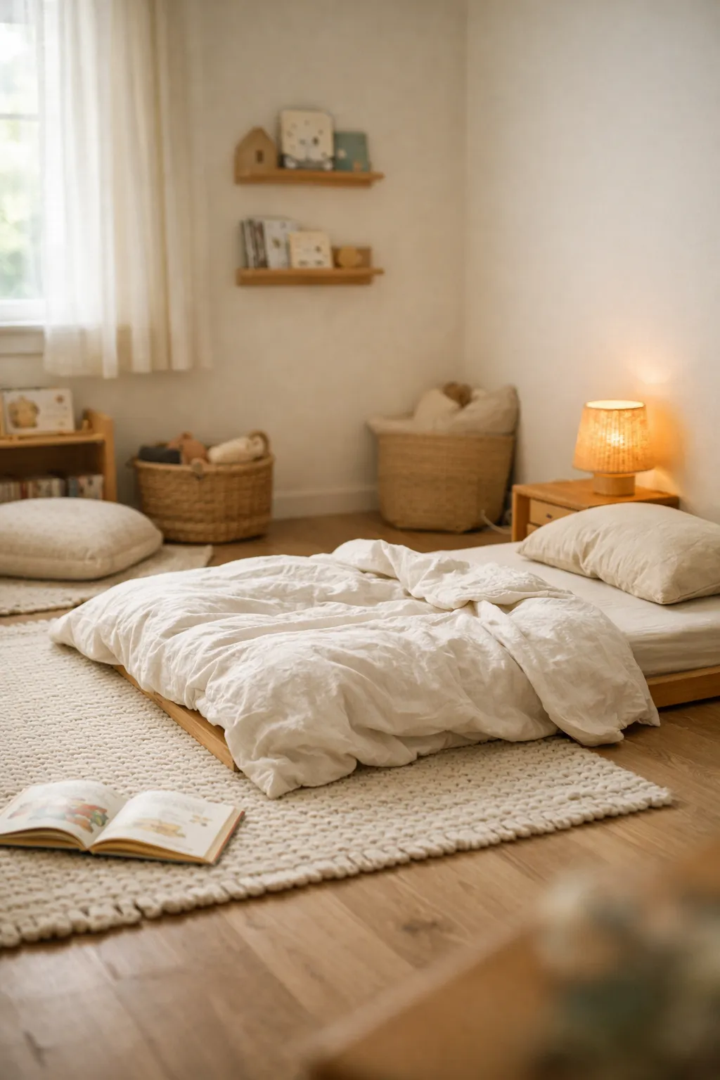A Montessori bedroom with gentle layered lighting, a low bed, soft textiles, and a cozy calm atmosphere.