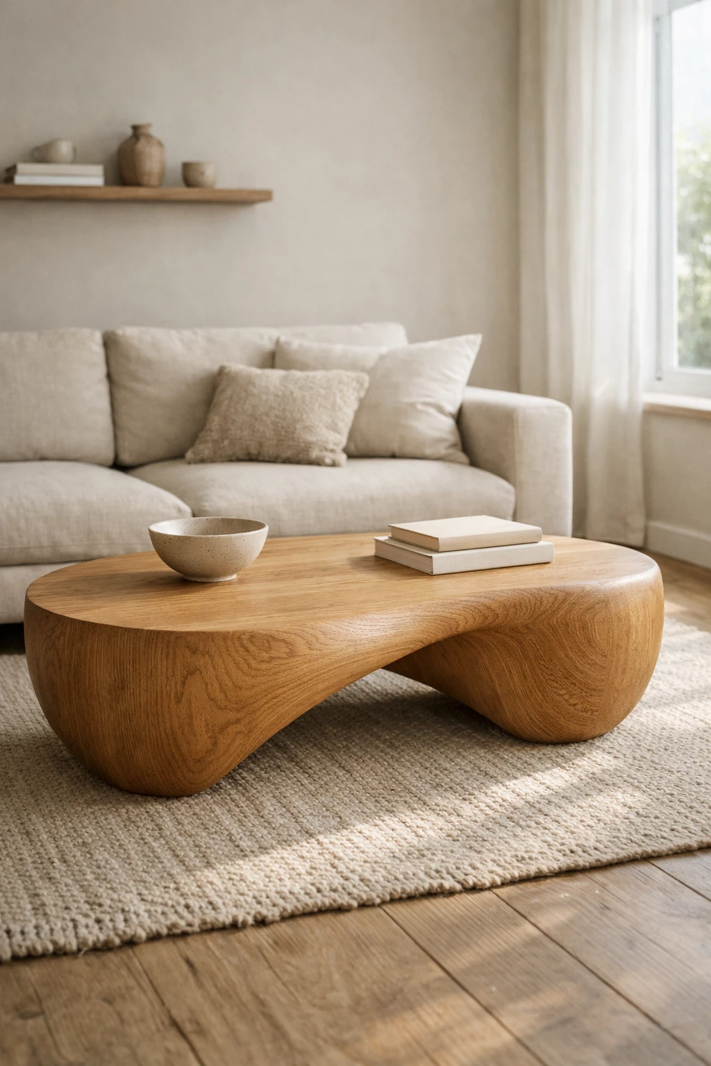 Japandi living room featuring sculptural wooden coffee table and neutral sofa.