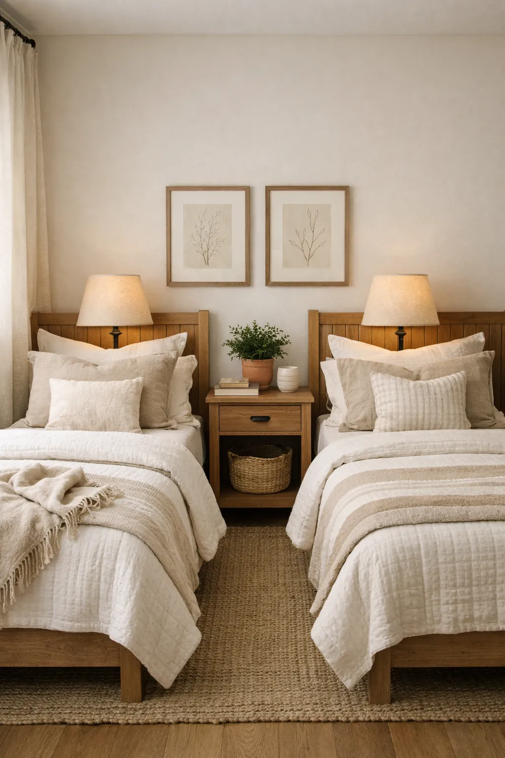 Matching lamps and pillows create symmetry in a cozy twin bed guest room.