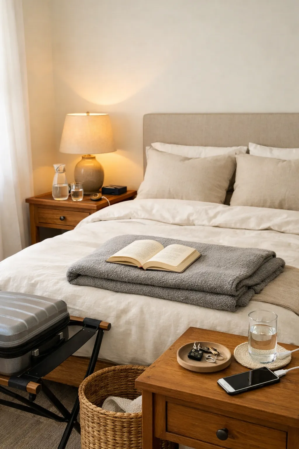 A guest bedroom with a luggage rack, water glass, extra blanket, and practical bedside essentials.