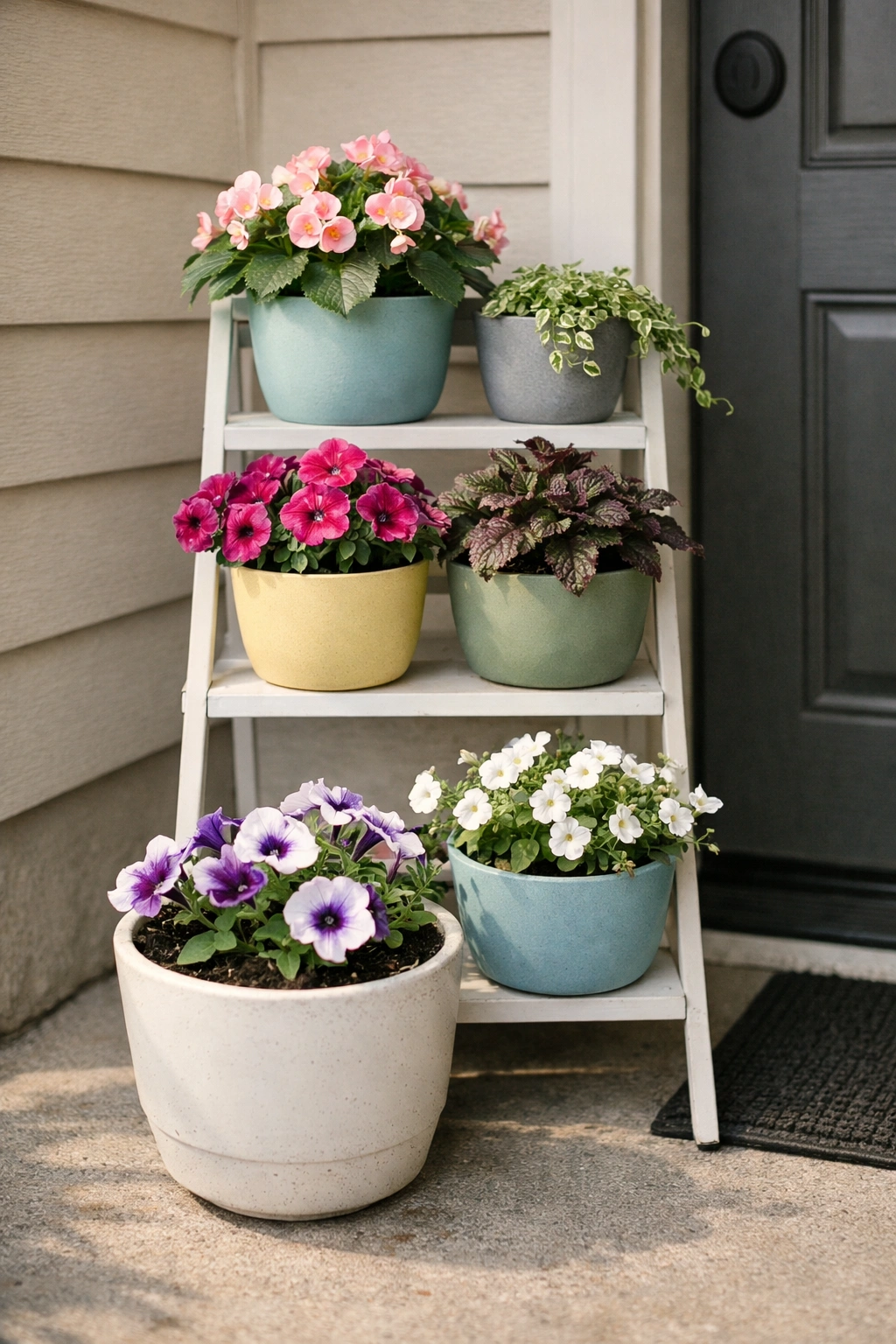 A tiered plant stand displays flowers vertically on a compact front porch.