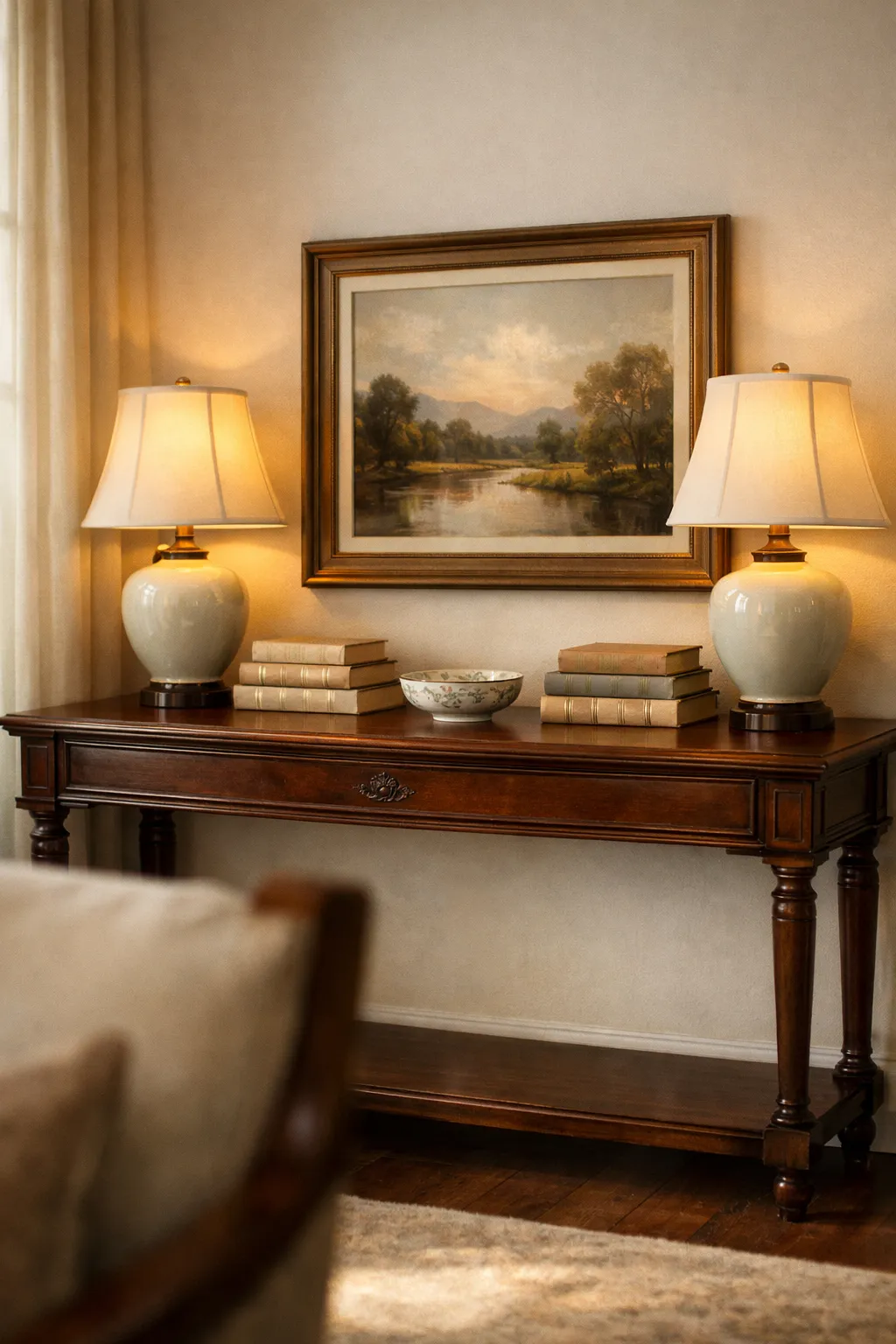 Dark wood console table with landscape art and porcelain lamps in a traditional home.