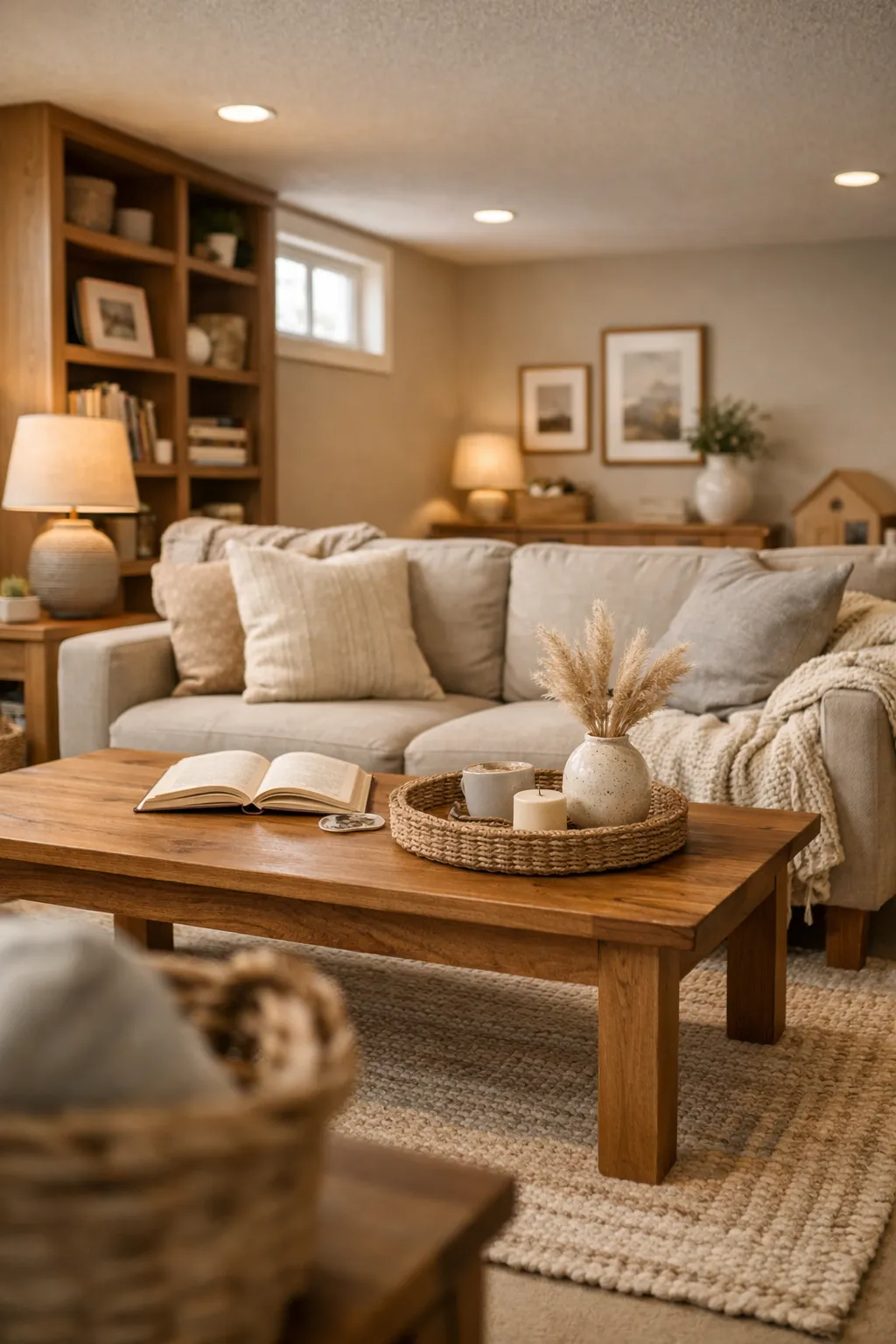 A family basement with warm wood furniture and soft neutral textiles for balance.