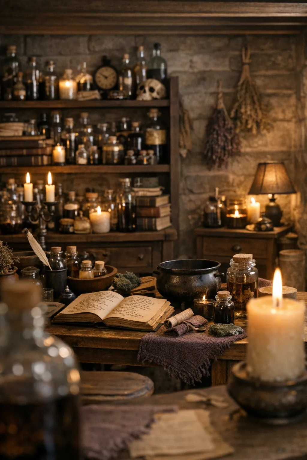 A witchy Animal Crossing basement with potion bottles, shelves, candles, and moody fantasy decor.