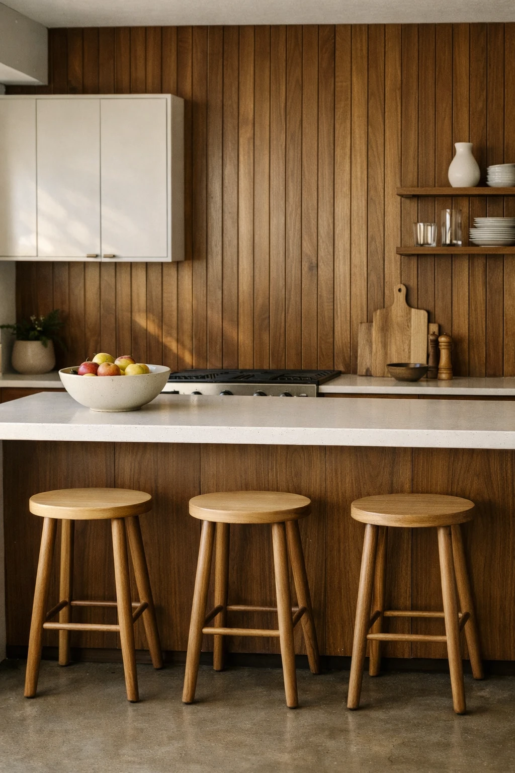 Mid century kitchen with vertical wood panel accent wall