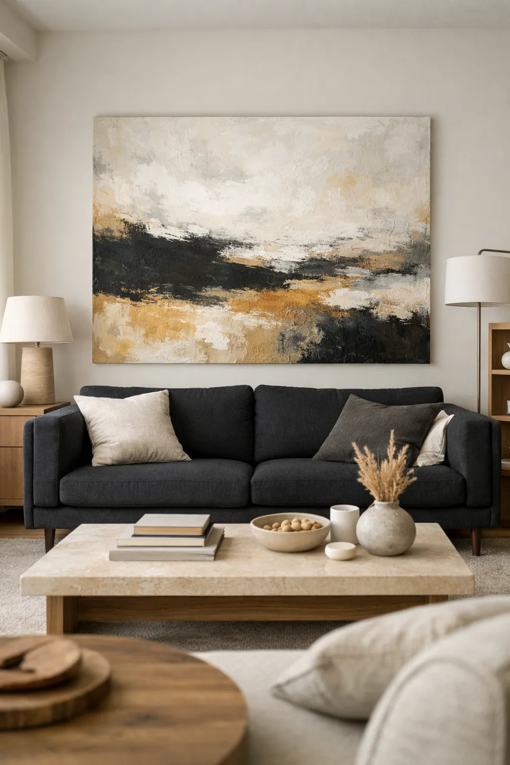 A contemporary living room with a black sofa, large statement art, clean furniture lines, and curated decor.