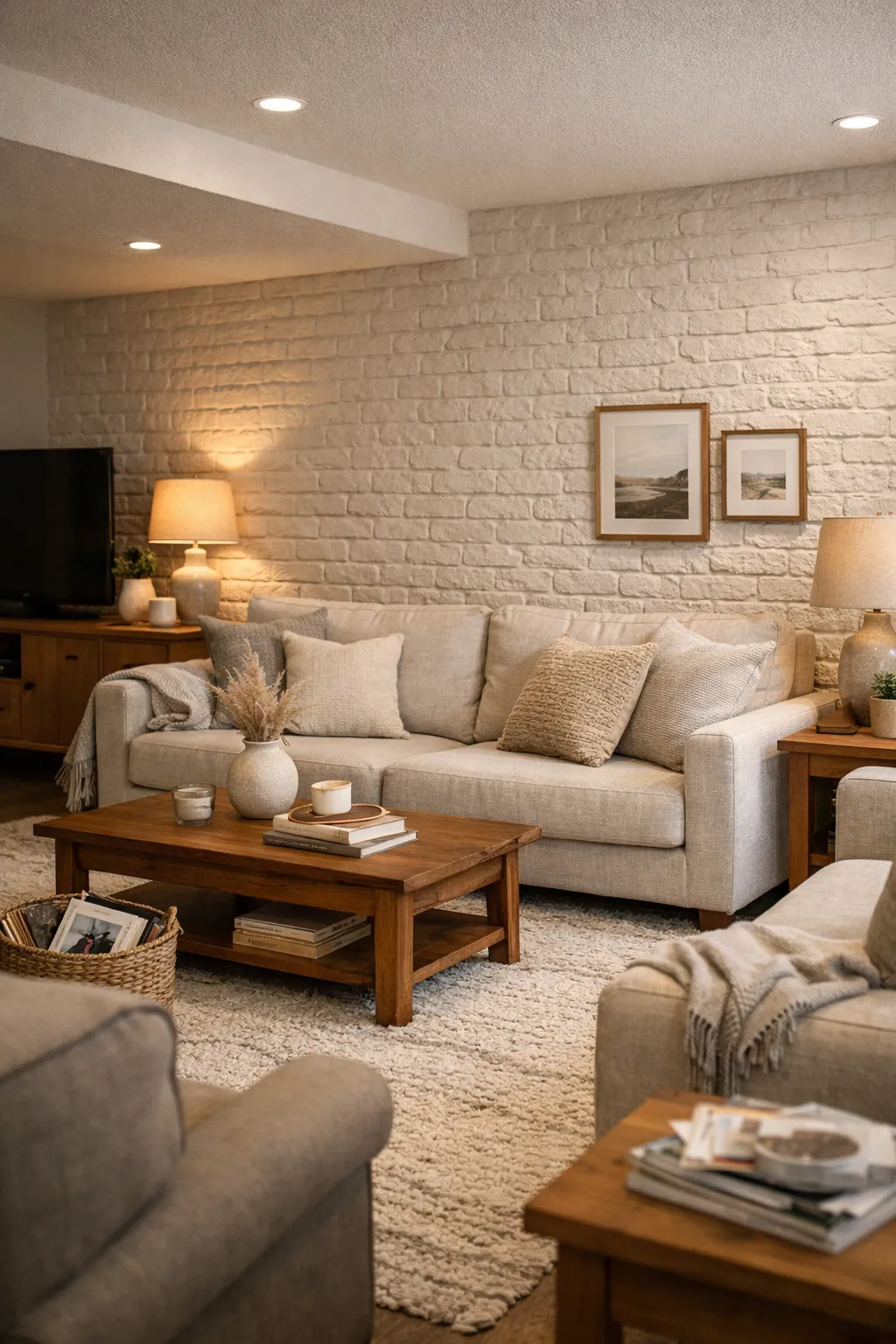 A cozy basement family room with a textured accent wall and warm layered decor.