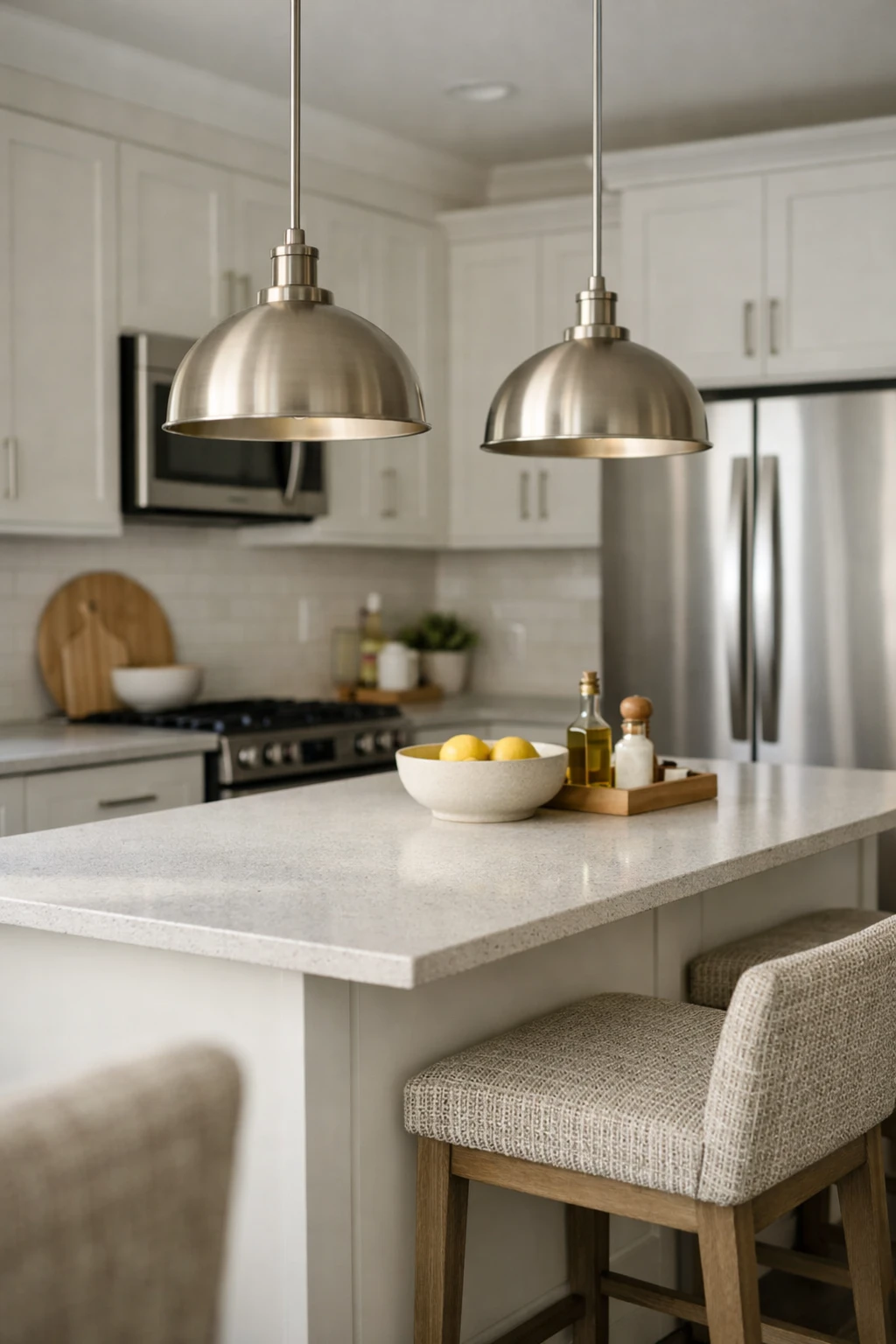 Brushed nickel dome pendant lights over a neutral kitchen island