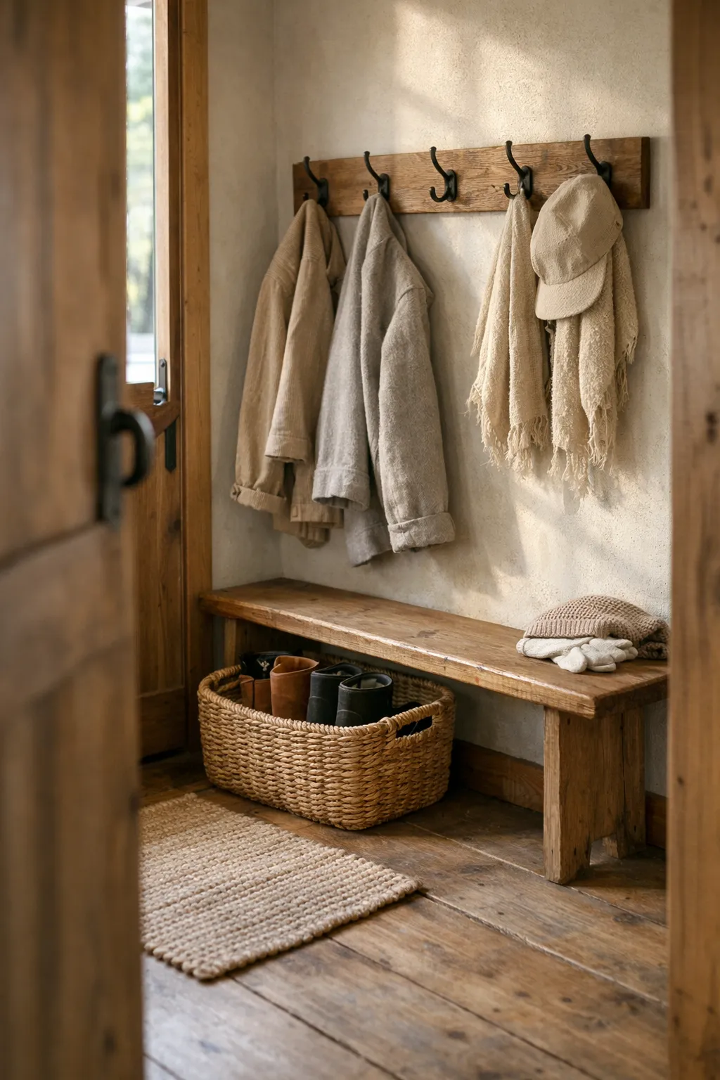 Small cabin entry with wall hooks and a narrow wooden bench