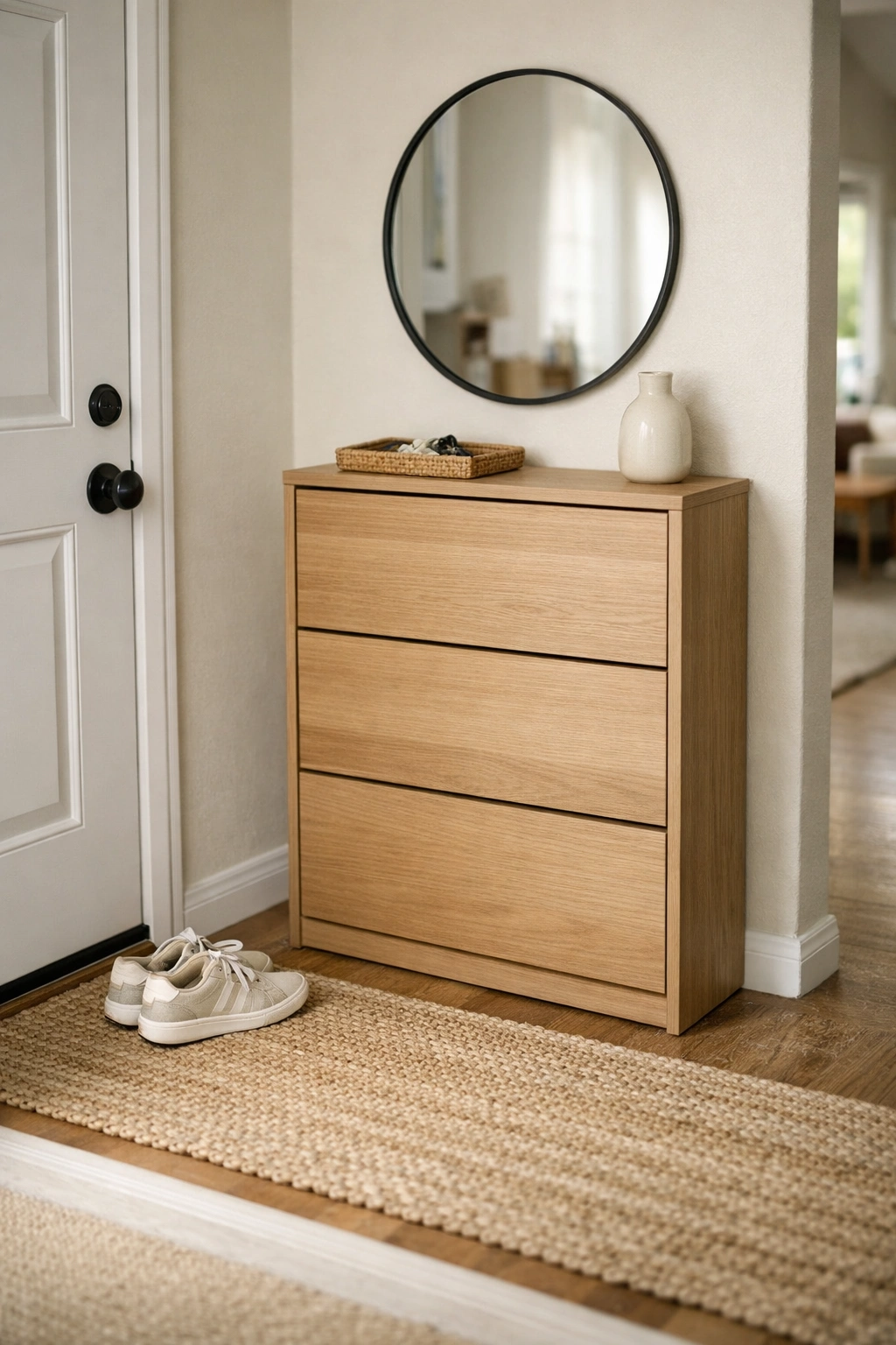 A front entrance with a slim shoe storage cabinet and minimal decor above it.
