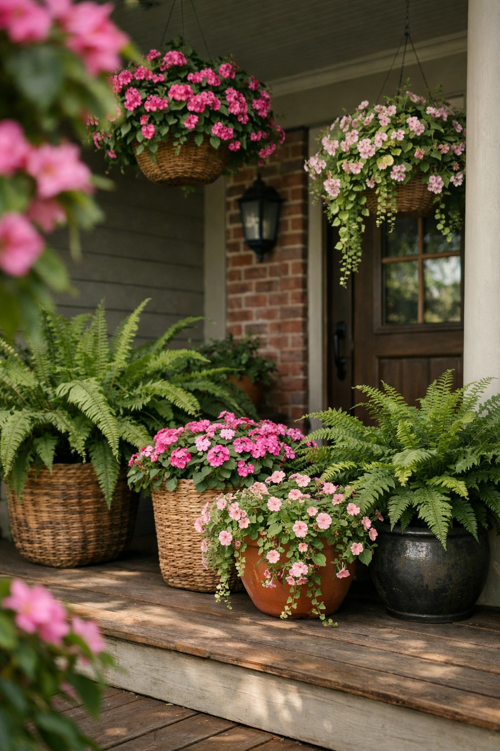 Front porch ferns and trailing flowers create a lush layered entry display.