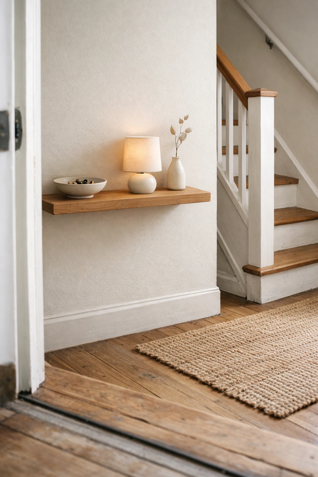 A tiny entryway with stairs using a floating shelf instead of a full console table.